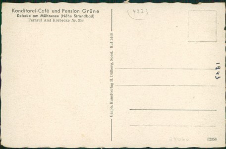 Adressseite der Ansichtskarte Möhnesee-Delecke, Konditorei-Café Grüne