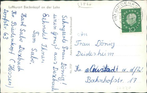 Adressseite der Ansichtskarte Biedenkopf, Orig. Fliegeraufnahme