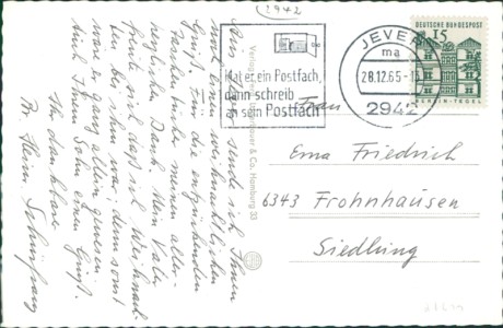 Adressseite der Ansichtskarte Jever, Luftaufnahme