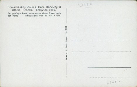 Adressseite der Ansichtskarte Goslar, Domschänke