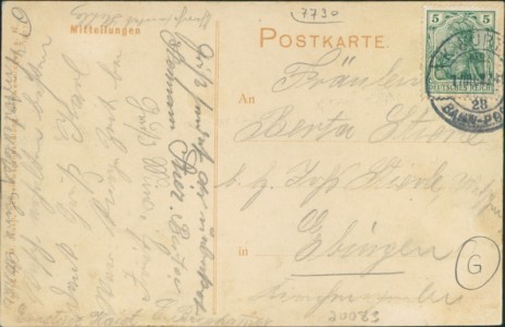 Adressseite der Ansichtskarte Schwenningen a. Neckar, Kgl. Württ. Fachschule für Feinmechanik, einschl. Uhrmacherei u. Elektromechanik